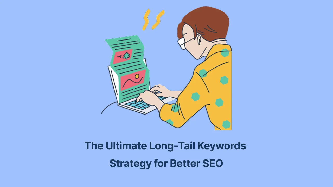 Long-Tail Keywords Strategy Illustration of a magnifying glass focusing on long-tail keywords for SEO optimization.